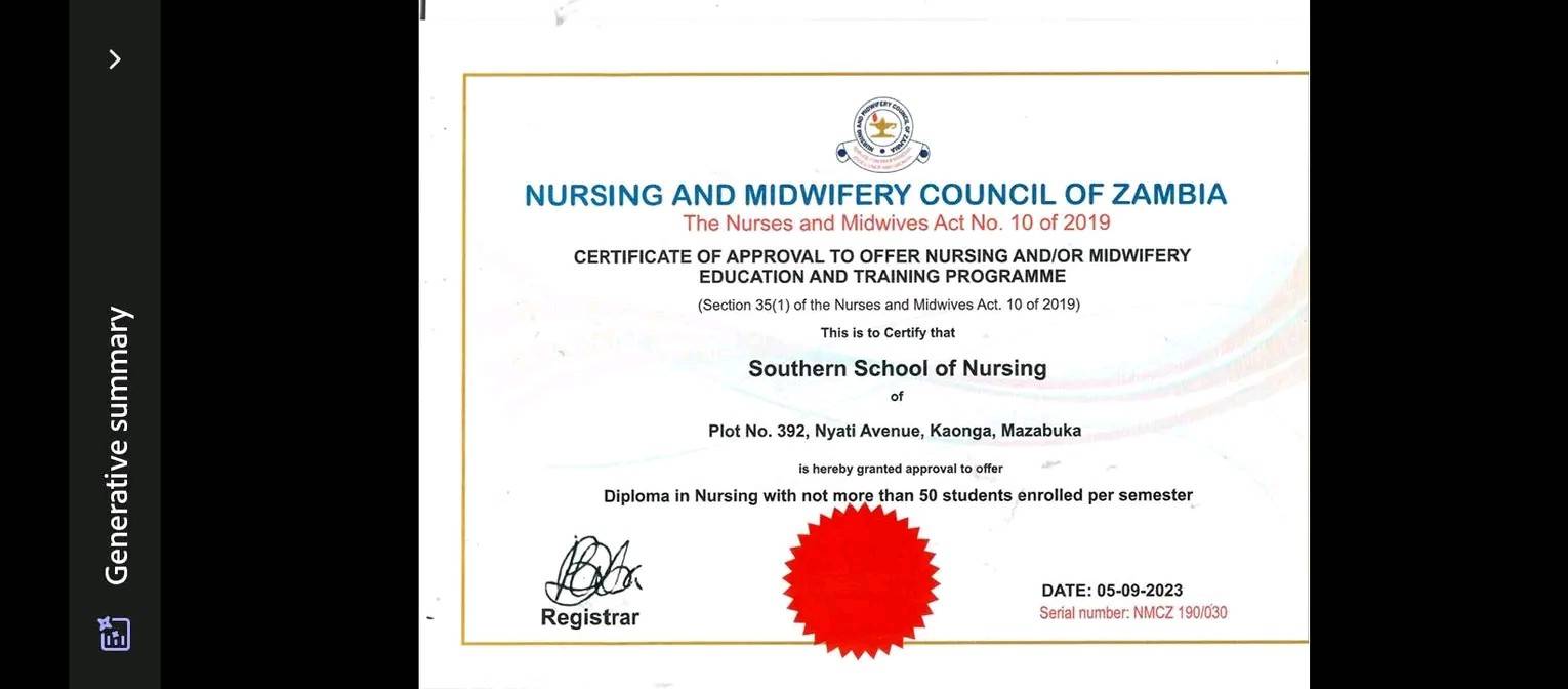 NMCZ approval certificate for Southern School of Nursing